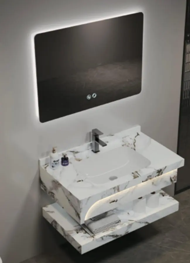 Marble vanity wash basin with LED mirror at Brazil Plumbing Center