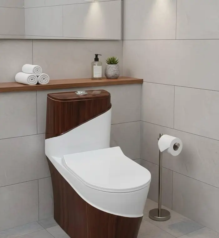 Wood-finish and white one-piece toilet at Brazil Plumbing Center